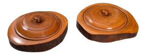 1900s Pair of Antique Victorian English Carved Yew Lidded Bowls