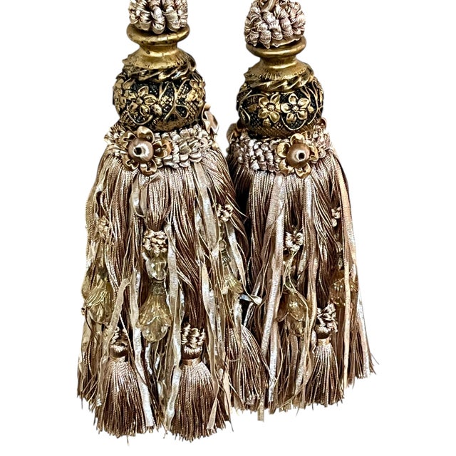 Art Deco Pair Vintage French Passementerie Tassel Drapery Tiebacks Light Tan For Sale - Image 3 of 7