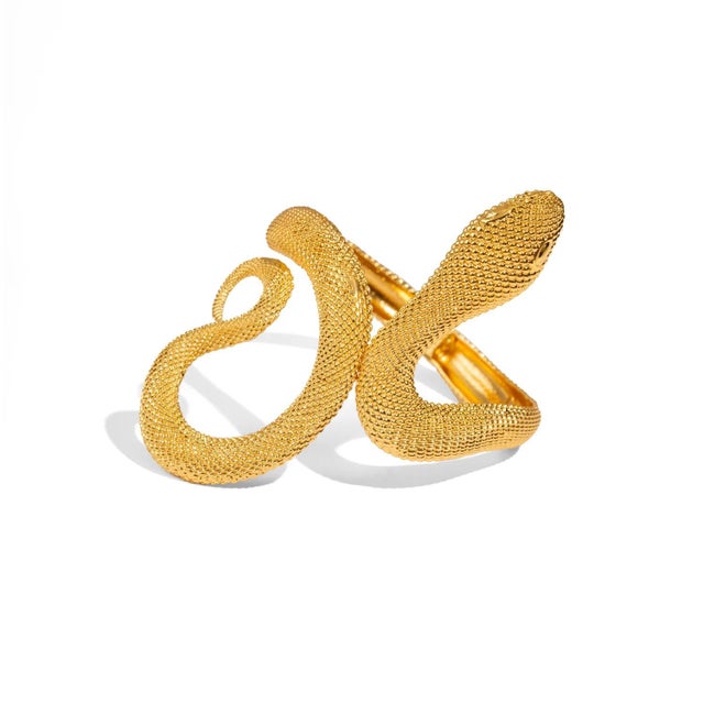 Metal Mystic Snake Guardian Gold Chunky Adjustable Cuff Bracelet For Sale - Image 7 of 9