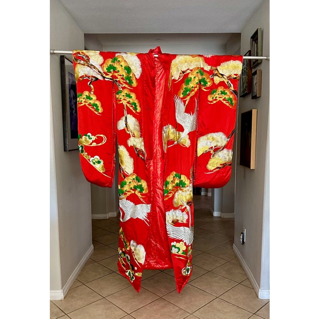 Vintage Red Brocade With Flying Cranes Japanese Ceremonial Kimono For Sale - Image 4 of 18