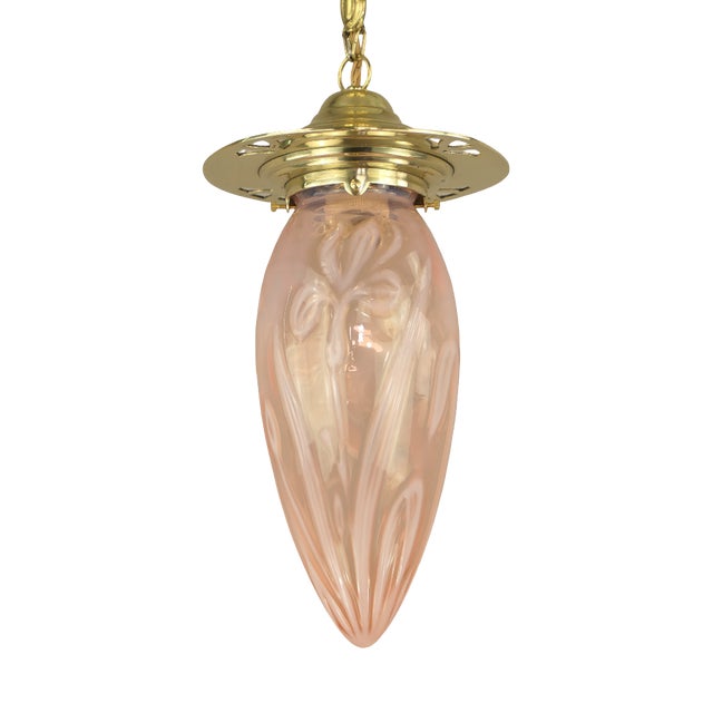 Art Nouveau Pendant Lamp with Floral Opal Glass Shade, 1890s For Sale