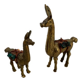 Vintage Brass Peruvian Llama Figurines With Turquoise Inlay - Pair For Sale
