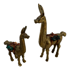 Vintage Brass Peruvian Llama Figurines With Turquoise Inlay - Pair