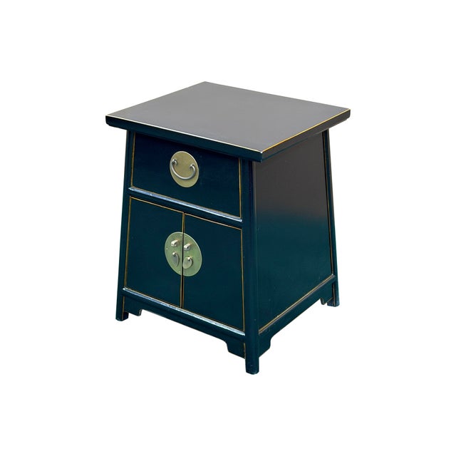 Asian Oriental Black Lacquer Moon Face Hardware Small End Table Nightstand For Sale - Image 3 of 12
