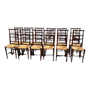 Set of 12 Walnut Rush Seated Spindle Back Chairs, Circa 1950s