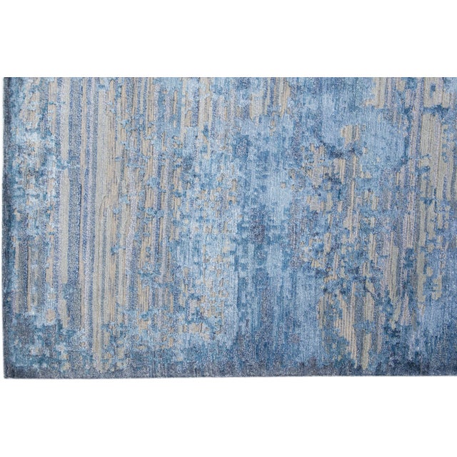 2010s Modern Abstract Wool & Silk Rug Handmade in Gray & Blue For Sale - Image 4 of 7