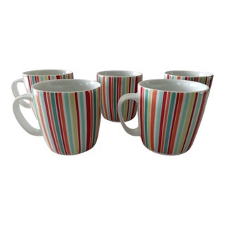 Vintage Mid-Century Modern Crate & Barrel Vertical Stripe Coffee Tea Mugs -Set of 5 For Sale