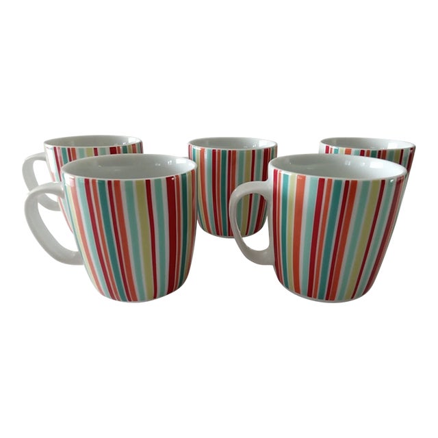 Vintage Mid-Century Modern Crate & Barrel Vertical Stripe Coffee Tea Mugs -Set of 5 For Sale