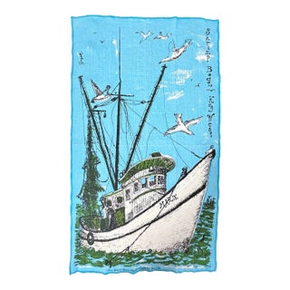 Vintage Key West Hand-Printed Linen Towel – Suzie Zuzek Shrimp Boat Coastal Nautical 1960s For Sale
