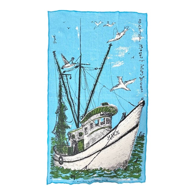 Vintage Key West Hand-Printed Linen Towel – Suzie Zuzek Shrimp Boat Coastal Nautical 1960s For Sale
