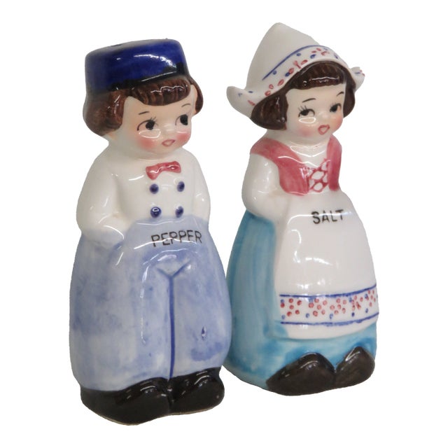 Mid 20th Century Dutch Boy and Girl Ceramic Salt and Pepper Shakers Hand Painted - Set of 2 For Sale