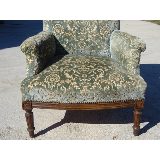 Napoleon III Blue-Grey and Gold Velvet Lounge Chair, 1890s For Sale - Image 9 of 18