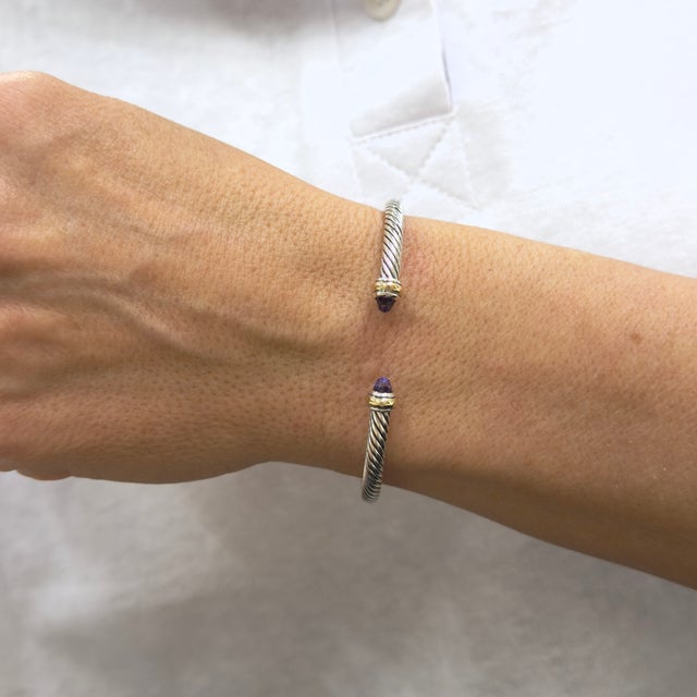 Gold David Yurman Classic Cable Silver & 18k Gold 4mm Amethyst Cuff Bangle Bracelet For Sale - Image 8 of 8
