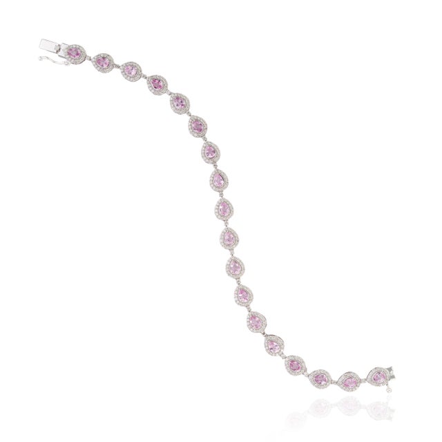 14k Gold Pear Cut 2.74ct Pink Sapphire & Diamond Byzantine Tennis Bracelet For Sale - Image 11 of 17