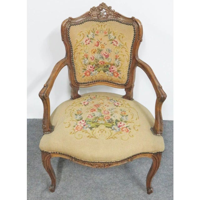 French French Carved Walnut Needlepoint Armchair For Sale - Image 3 of 6