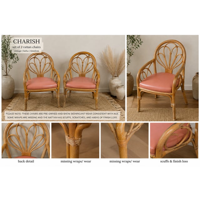 Vintage Rattan Petal Fan-Back Armchairs With Coral Pink Cushions — Pair For Sale - Image 4 of 5