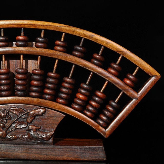 1970s Handcrafted Rosewood Fan-Shaped Abacus - Chinese Wooden Calculator With Stand For Sale In Los Angeles - Image 6 of 9
