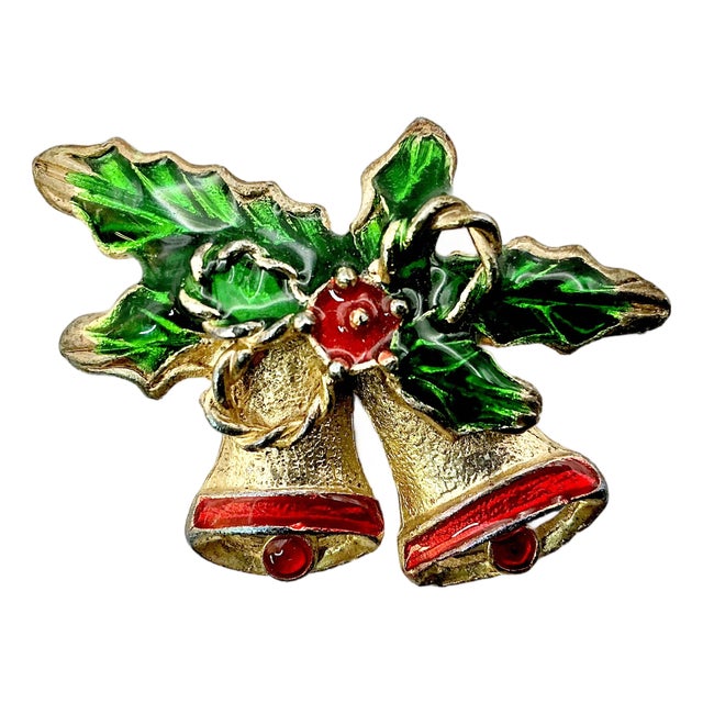 1920s Antique Boho Chic Americana Christmas Bells & Holly Brooch. For Sale