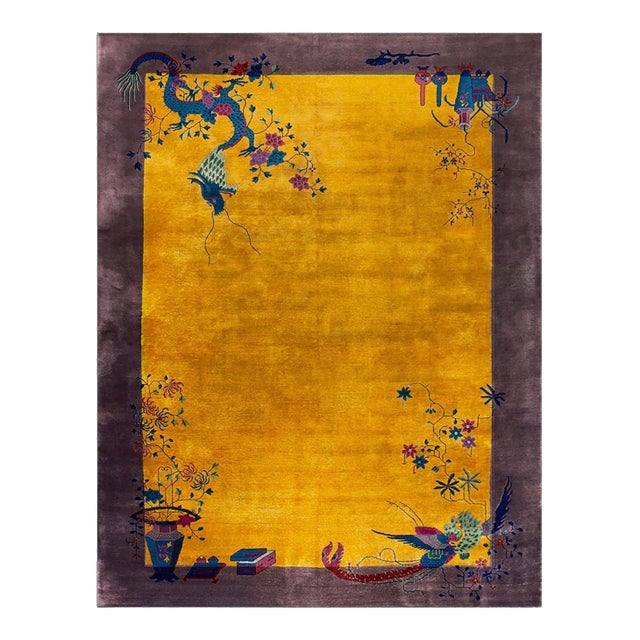 Fabulous Yellow Background and Purple Mauve Color Border With Animalistic Design Antique Chinese Art Deco Rug For Sale