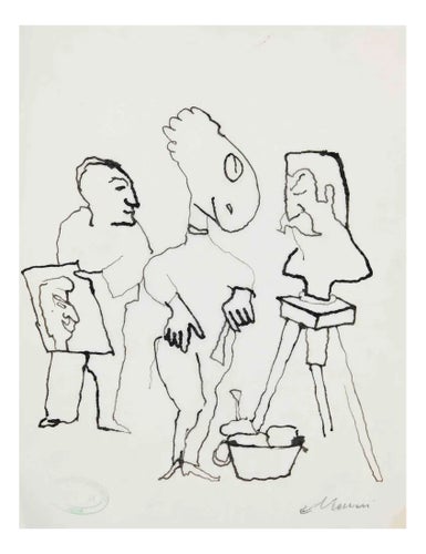 Mino Maccari, The Sculptor and the Painter, China Ink, Mid 20th Century