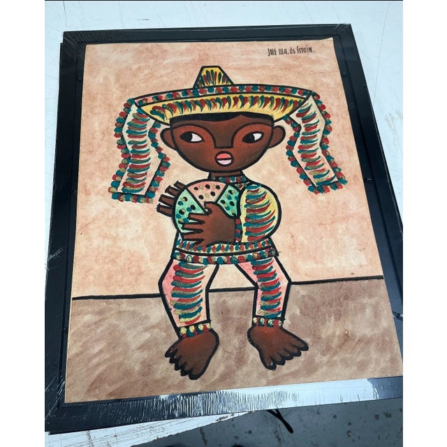 Folk Art 1960s Jose Maria De Servin Original Midcentury Mexican Folk Art Painting, Sombrero + Watermelon For Sale - Image 3 of 11