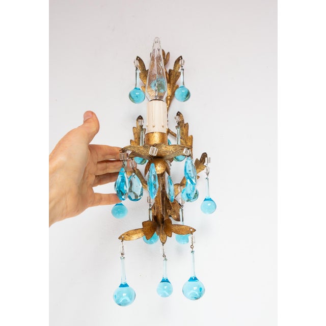 1960s Italian Gilt Iron Wall Sconce with Turquoise Crystals, 1960s For Sale - Image 5 of 6