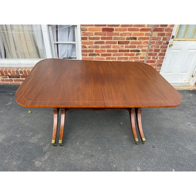 Vintage Georgian Regency Style Banded Mahogany Pedestal Extension Dining Table With Leaves For Sale - Image 18 of 18