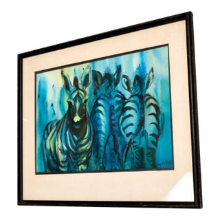 1970s Zebra Watercolor Abstract Gouache Painting For Sale