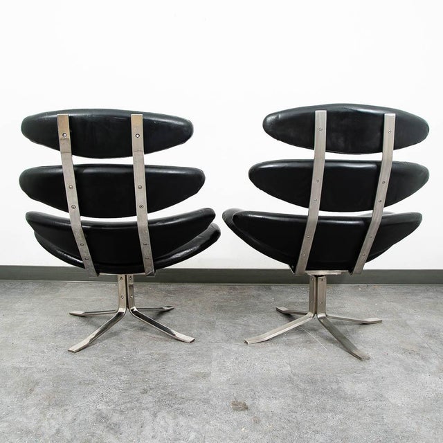 Mid Century Danish Modern Lounge Chairs Corona Set of 2 Black Chrome Ottoman MCM For Sale - Image 4 of 11