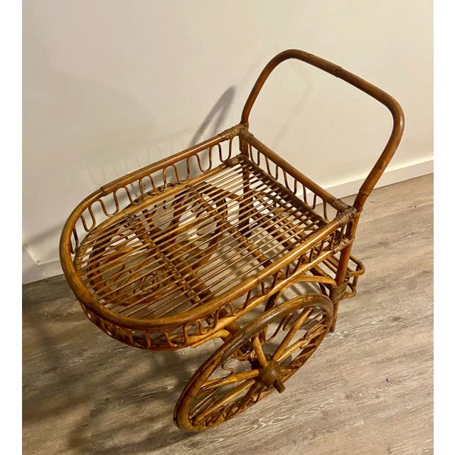 French Riviera Rattan Bar Cart Audoux & Minet 1950s For Sale In Naples, FL - Image 6 of 11