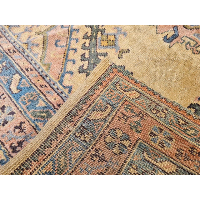 Early 20th Century Vintage Turkish Oushak Rug, Geometric Pattern, Pale Yellow & Pink, 7' X 12' For Sale - Image 5 of 18