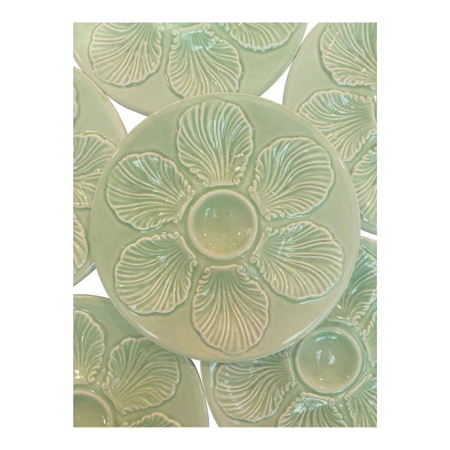 Vintage French Green Majolica Oyster Plate, Proceram For Sale