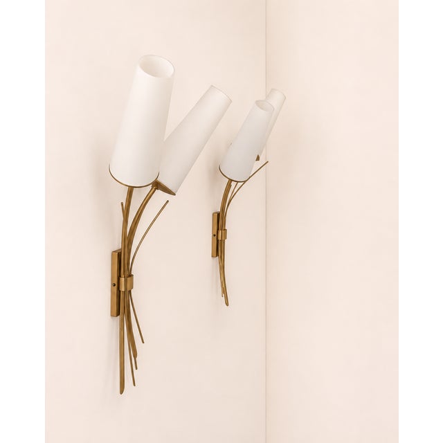 Vintage Wall Sconces in Brass and Curved Opaline Glass, France, 1960, Set of 2 For Sale - Image 4 of 7