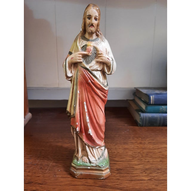 Paint Vintage Religions Icon Early 20th Century Italian Jesus Chalkware Figurine For Sale - Image 7 of 9