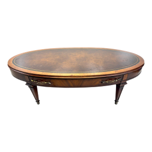 Mid 20th Century Weiman Oval Leather-Top Coffee Table With Burl Wood Inlay and Brass Pulls