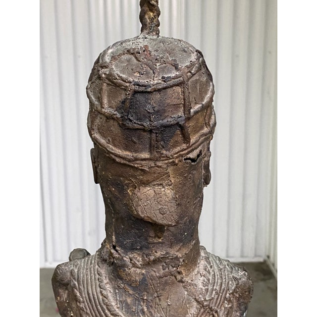 Tribal Vintage African Benin-Style Bronze Royal Bust Sculpture For Sale - Image 3 of 14