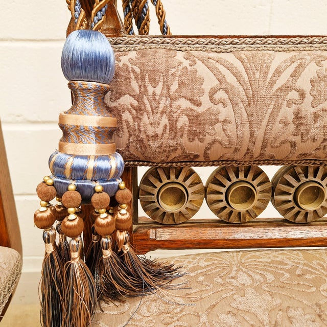 Vintage Renaissance Revival Carved Oak Chairs with Liberty Damask and Regal Tassels, 1970s, Set of 2 For Sale - Image 10 of 14