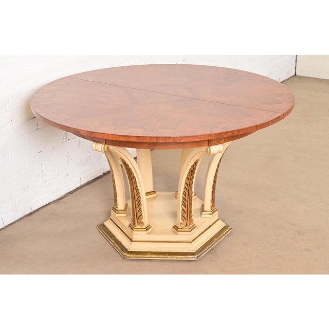 Mastercraft Mastercraft Italian Neoclassical Walnut and Burl Wood Parcel Gilt Pedestal Extension Dining Table For Sale - Image 4 of 15