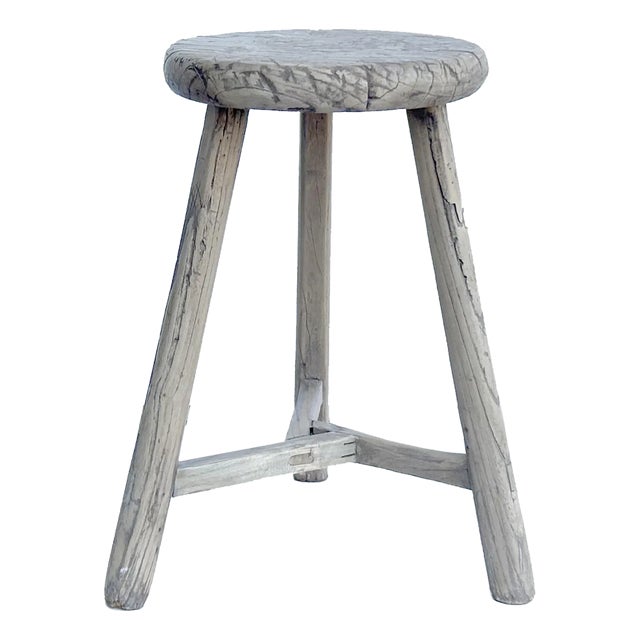 Rustic Raw Rough Wood Grain Round Top Tri-Legs Stool Side Table For Sale