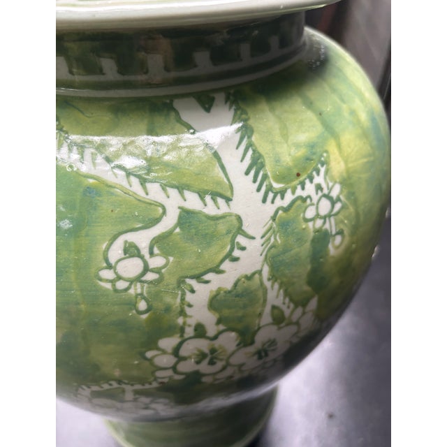 Ceramic Large Celadon Green Cherry Blossom Ginger Jar – Hand Painted Chinoiserie Porcelain Lidded Vase For Sale - Image 7 of 12