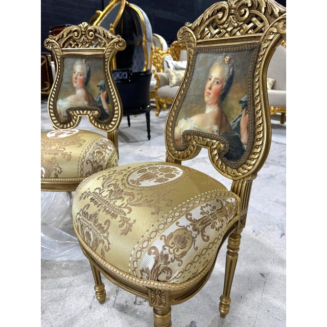 French Rococo Gold Accent Chair With Lady Portrait Set of 2 For Sale - Image 4 of 9