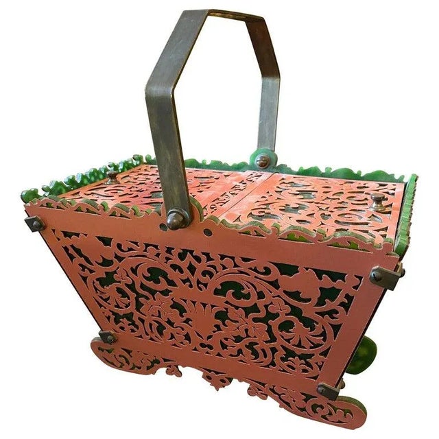 1960s Green and Pink Plexiglass and Brass Italian Basket For Sale - Image 13 of 13