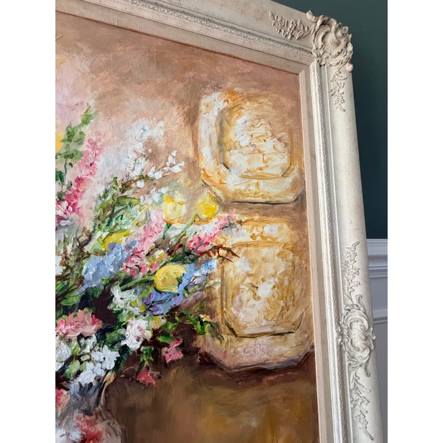 Vintage Floral Still Life Oil Painting by Rosalie Swerett in Ornate White Frame For Sale - Image 16 of 17