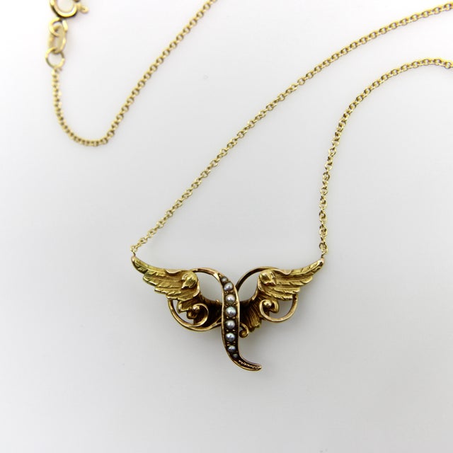 Victorian Late 19th Century Victorian 14k Gold Angel Winged Necklace With Seed Pearls For Sale - Image 3 of 9