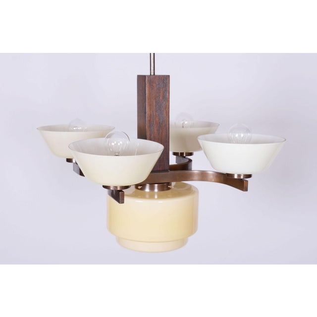Art Deco Chandelier in Oak, Brass, and Opaline Glass, Czech, 1920s For Sale - Image 3 of 10