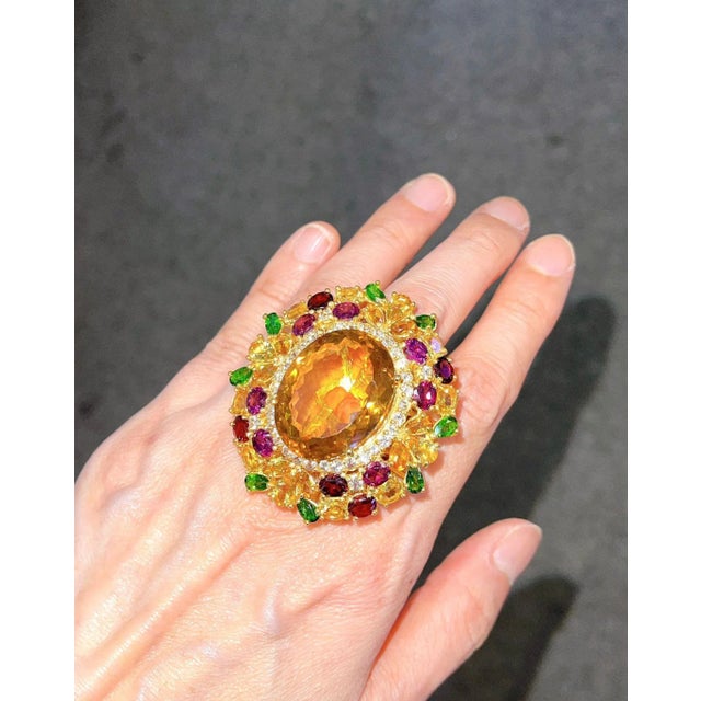 Bochic “Orient” Lemon Citrine & Multi Gem Cocktail Ring In 18K Gold & Silver Natural Lemon Citrine Oval cut 7 Carat...