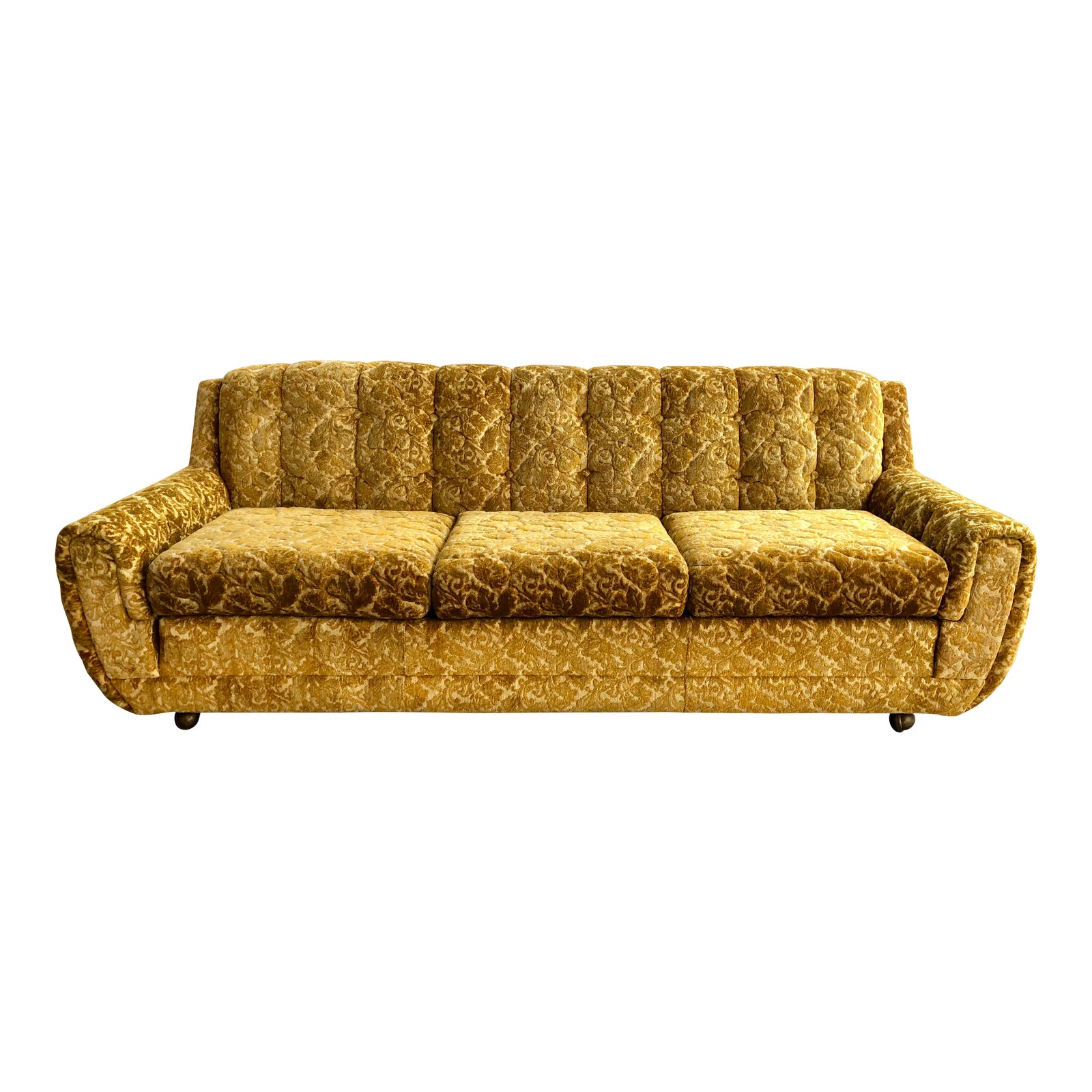 Vintage Mid Century Retro Bohemian Floral Print Gold Velvet Tufted Sofa