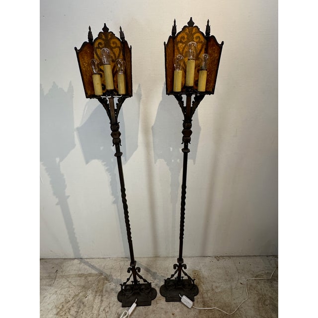 Pair of Vintage Iron Floor Lamps With Amber Mica Shades For Sale - Image 9 of 12