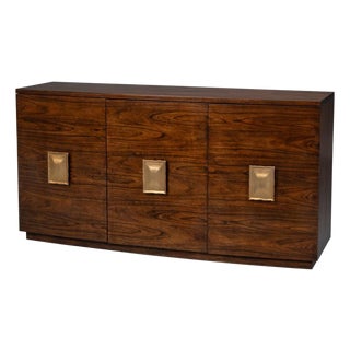 Modern Bowfront Walnut Credenza - Sculpted Stainless Pulls For Sale