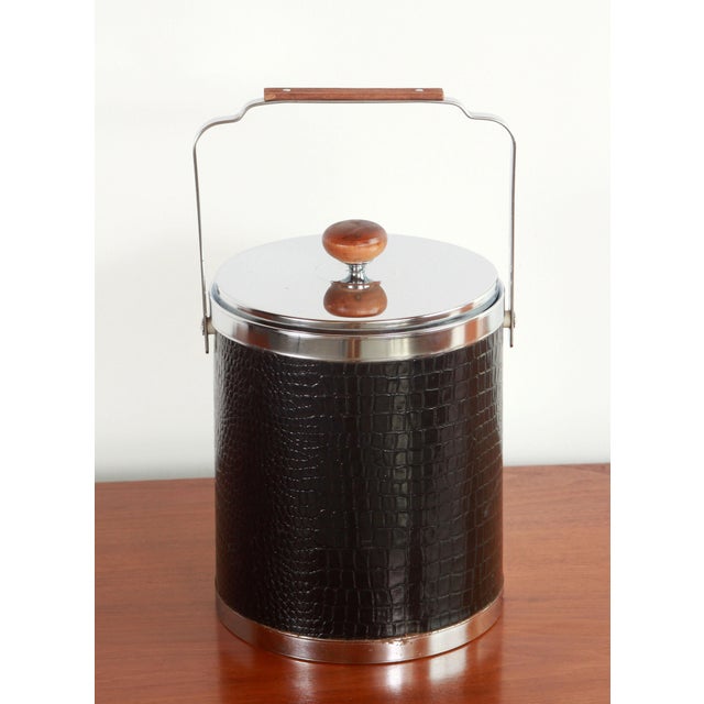 Vintage MidCentury Modern Chrome & Black Alligator Vinyl Ice Bucket by